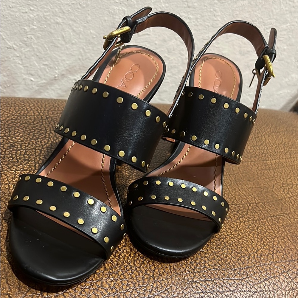 Like New Coach Lady’s Black Leather Gold accents, Sandals with Studded Straps!